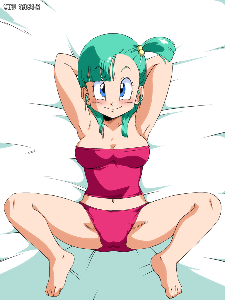 blue_eyes blush breasts bulma cleavage dragon_ball feet green_hair looking_at_viewer navel old_school_academy panties smile solo spread_legs toes underwear