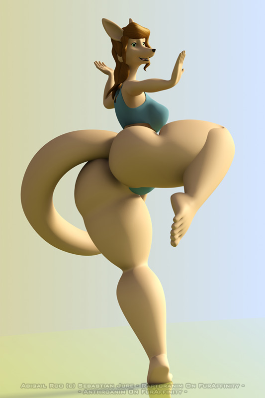 abigail_roo anthro anthroanim big_butt blue_hair breasts brown_hair butt clothed clothing female green_eyes hair kangaroo long_tail mammal marsupial pose skimpy solo thighs thong wide_hips yoga