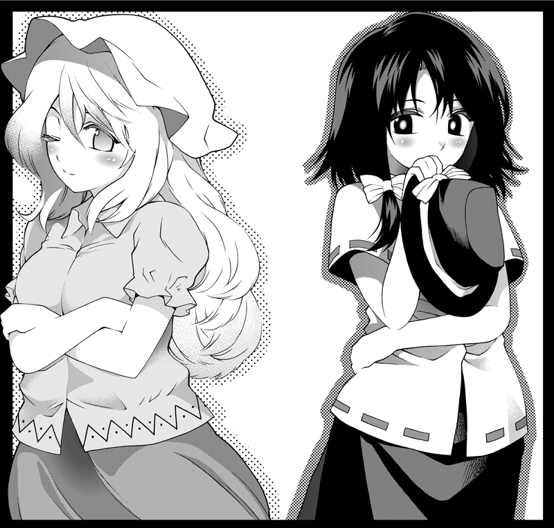 bad_id bad_pixiv_id crossed_arms dress_shirt fuantei greyscale hat hat_removed headwear_removed long_hair maribel_hearn monochrome multiple_girls neo-traditionalism_of_japan one_eye_closed shirt short_hair skirt smile touhou usami_renko