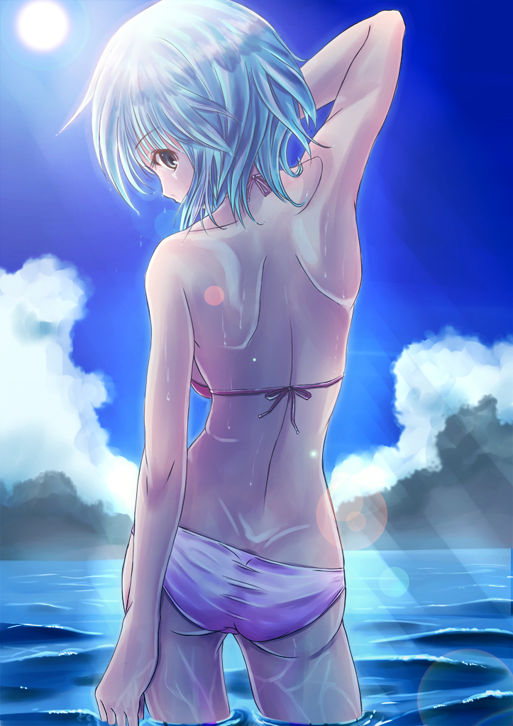 ass bikini blue_hair from_behind looking_back original short_hair solo sun swimsuit yatsu_seisakusho