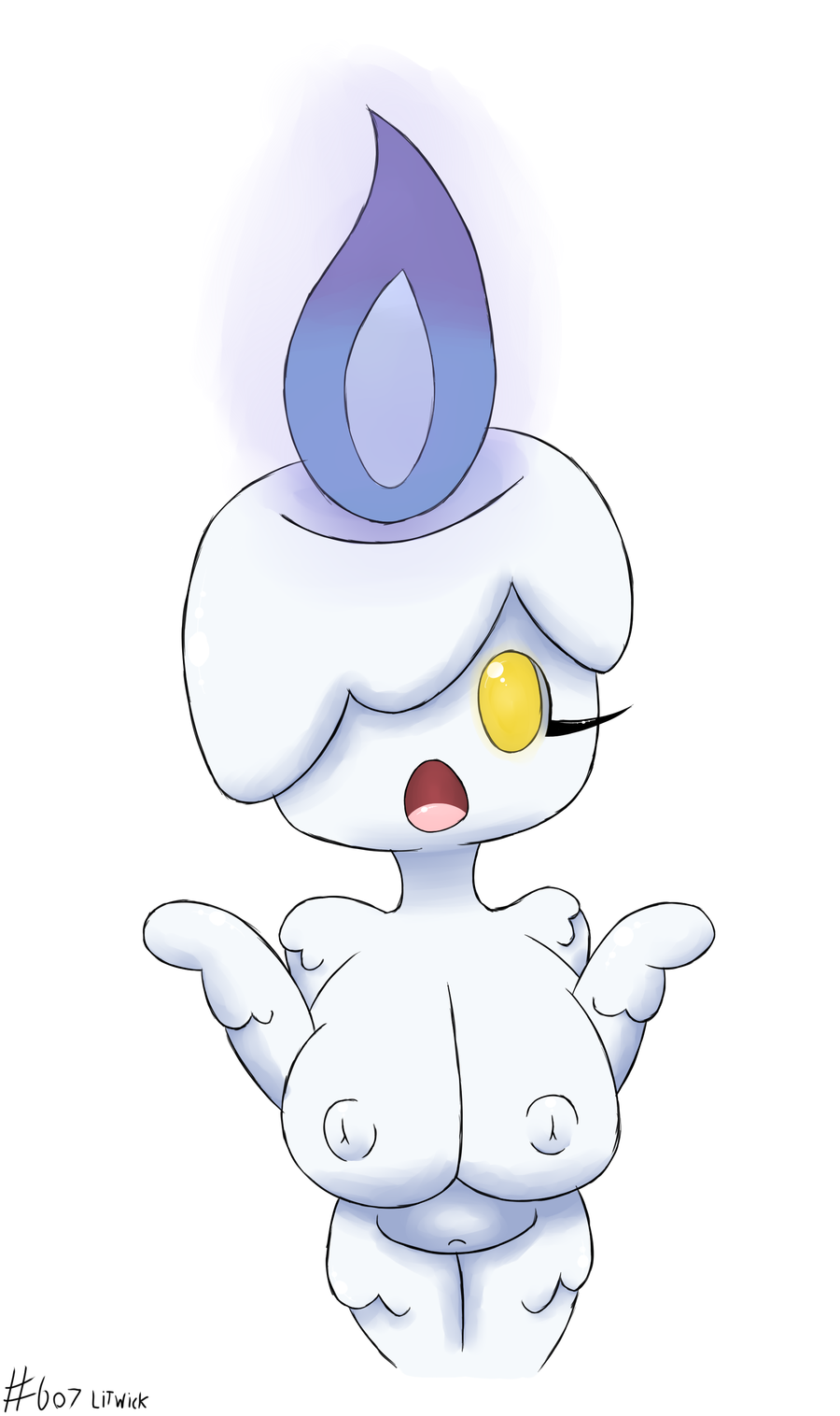 anthrofied big_breasts breasts candle english_text female fire ghost huge_breasts huztar inverted_nipples litwick looking_at_viewer nintendo nipples nude plain_background pok&#233;mon pok&eacute;mon pokem&oacute;n solo spirit text video_games