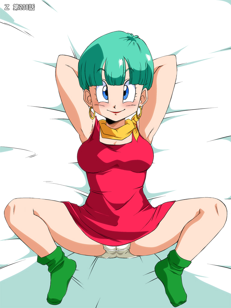 blue_eyes blush bulma dragon_ball dragonball_z dress earrings green_hair jewelry looking_at_viewer old_school_academy panties smile socks solo spread_legs underwear