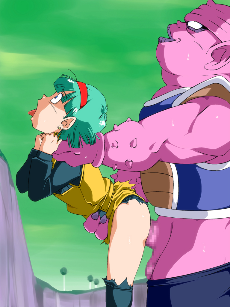 1girl asphyxiation bent_over bulma censored choking dodoria dragon_ball dragonball_z earrings fat fat_man forced green_hair interspecies jewelry monster namek no_panties old_school_academy open_mouth penis rape sex short_hair sky smile sweat tongue tongue_out torn_clothes vaginal