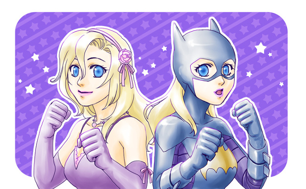 1girl astraea_f back-to-back back_to_back batgirl batman_(series) blonde_hair blue_eyes clenched_hand dc_comics dress dual_persona female fist gloves multiple_persona pixiv_thumbnail resized stephanie_brown superhero