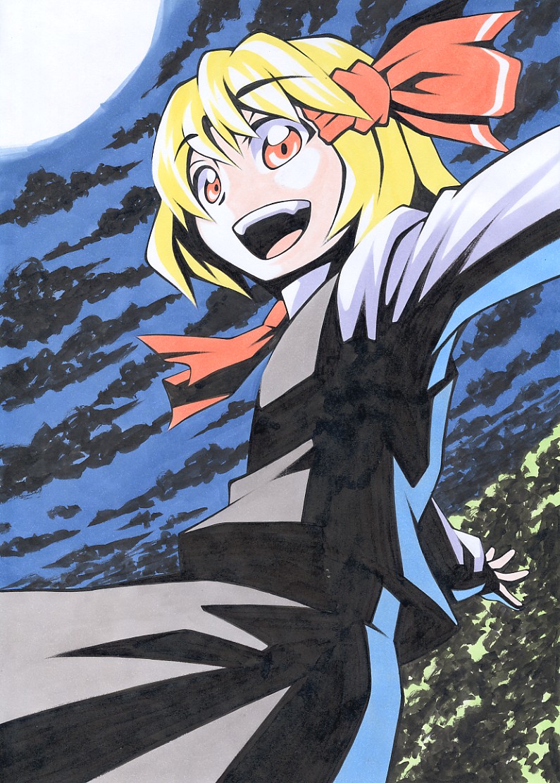 :d blonde_hair hair_ribbon kawachi_koorogi looking_at_viewer marker_(medium) moon open_mouth outstretched_arms red_eyes ribbon rumia short_hair skirt skirt_set smile solo spread_arms touhou traditional_media