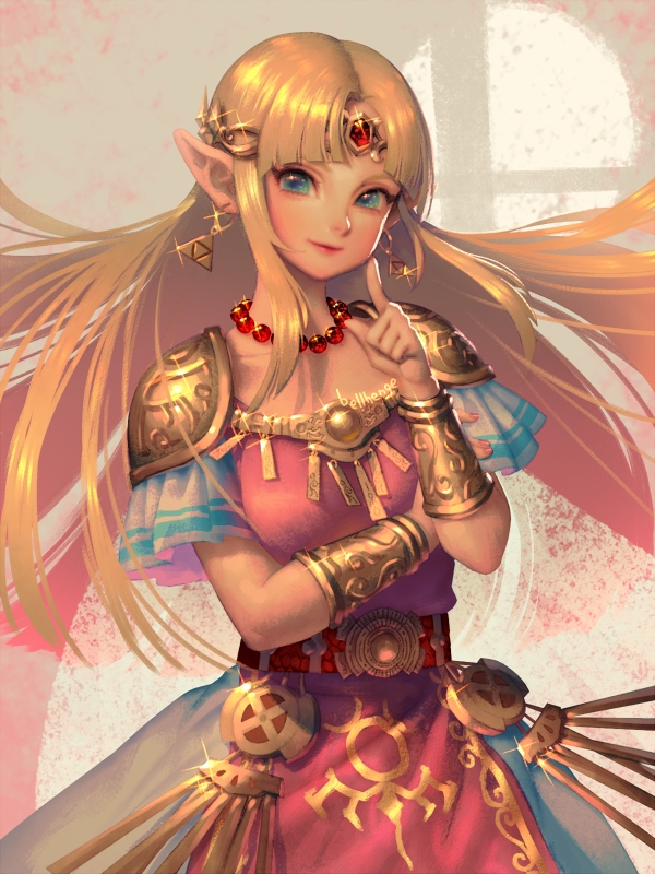 arm_across_waist artist_name bellhenge belt blonde_hair bracer circlet closed_mouth dress earrings finger_to_cheek gold green_eyes jewelry light_blush lips long_hair looking_at_viewer necklace nintendo nose pointy_ears pose princess_zelda shoulder_armor sidelocks smile solo standing super_smash_bros. super_smash_bros._ultimate the_legend_of_zelda the_legend_of_zelda:_a_link_between_worlds upper_body very_long_hair