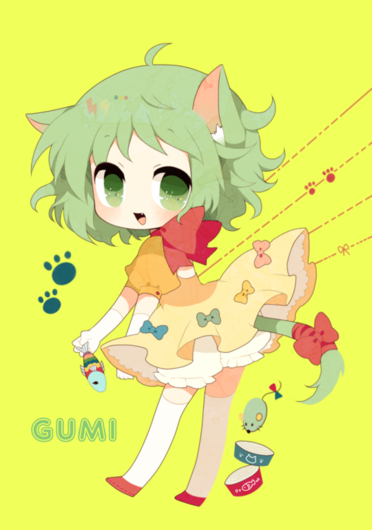 ahoge animal_ears bad_id bad_pixiv_id bloomers bow cat_ears cat_food cat_tail character_name fang fish gloves green_eyes green_hair gumi haru_(kyou) kemonomimi_mode looking_at_viewer mouse neck_ribbon open_mouth orange_skirt paw_print puffy_sleeves ribbon short_hair simple_background skirt smile solo tail tail_ribbon thighhighs underwear vocaloid white_gloves white_legwear yellow_background zettai_ryouiki