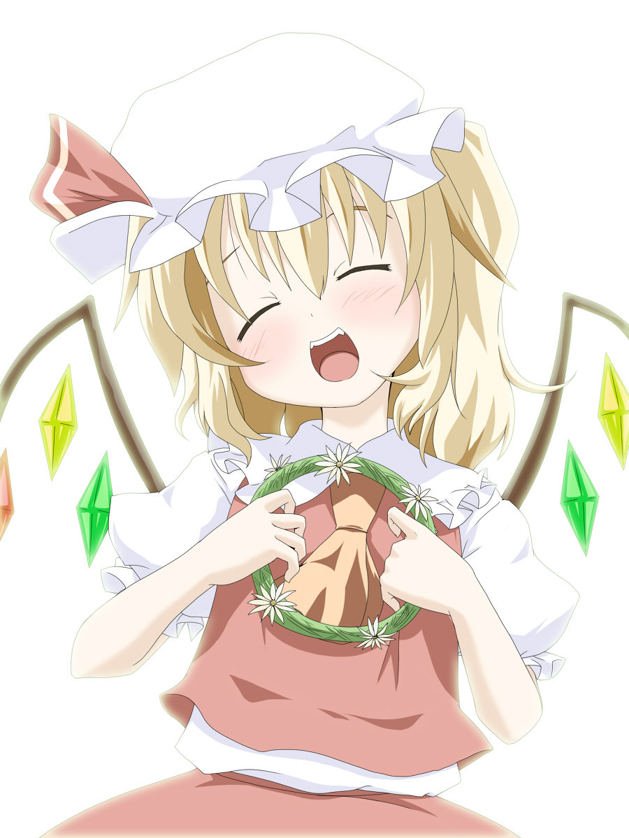 ascot bad_id bad_pixiv_id blonde_hair blush closed_eyes crystal flandre_scarlet hat hat_ribbon highres hujikok open_mouth puffy_sleeves ribbon short_hair short_sleeves side_ponytail solo touhou white_background wings
