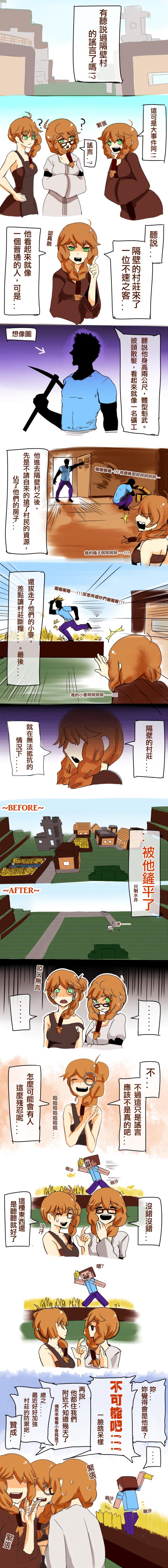 ? absurdres ahoge at2. bare_shoulders blush braid breasts brown_hair chinese comic drooling front_ponytail gameplay_mechanics green_eyes hair_tubes hands_clasped hands_in_opposite_sleeves heart heart_ahoge highres long_image medium_breasts minecraft multiple_girls own_hands_together robe_slip steve? tall_image translated tsundere twin_braids villager_(minecraft) villagers