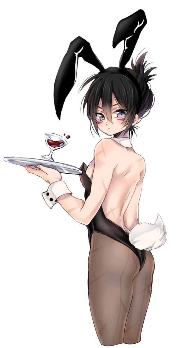 alcohol animal_ears ass bunny_boy bunny_ears bunny_tail bunnysuit crossdressing cup detached_collar drinking_glass fake_tail male_focus one-punch_man onsoku_no_sonic pantyhose seitarou tail trap tray wine wine_glass wrist_cuffs