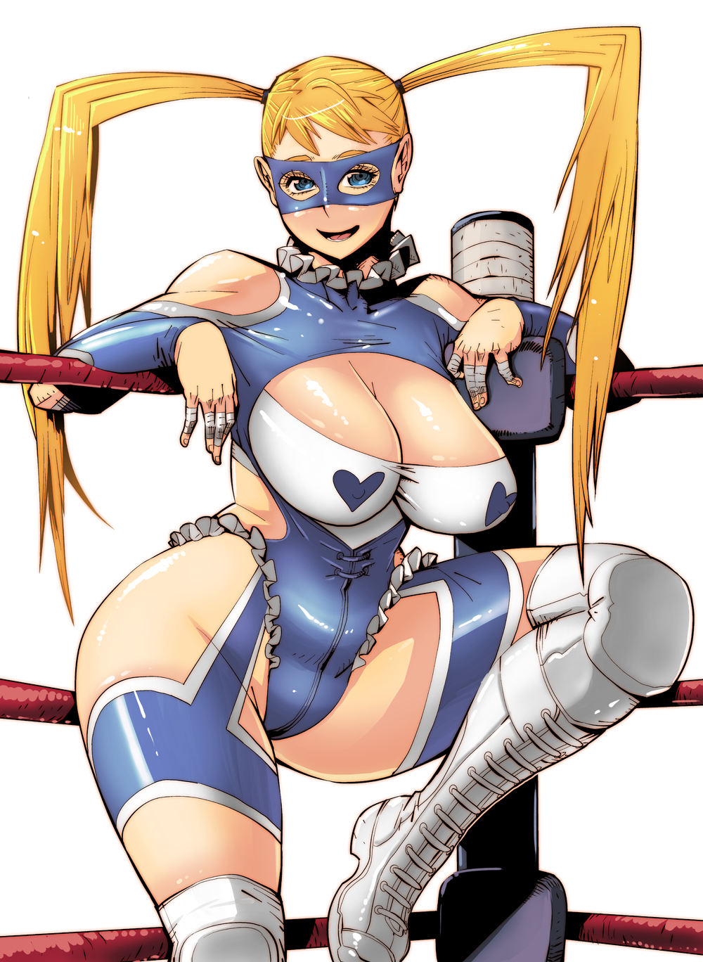 bare_shoulders blonde_hair blue_hair blue_leotard boots breasts butcherboy cleavage cleavage_cutout highres knee_pads large_breasts leotard mask rainbow_mika simple_background smile solo street_fighter street_fighter_zero_(series) thick_thighs thigh_boots thighhighs thighs twintails white_background wide_hips