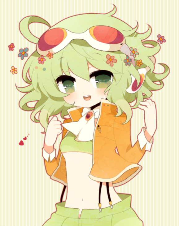 ahoge bad_id bad_pixiv_id brooch cravat crop_top flower goggles goggles_on_head green_background green_eyes green_hair gumi haru_(kyou) headphones heart jacket jewelry looking_at_viewer megpoid_(vocaloid3) midriff navel open_mouth short_hair smile solo striped striped_background suspenders vocaloid