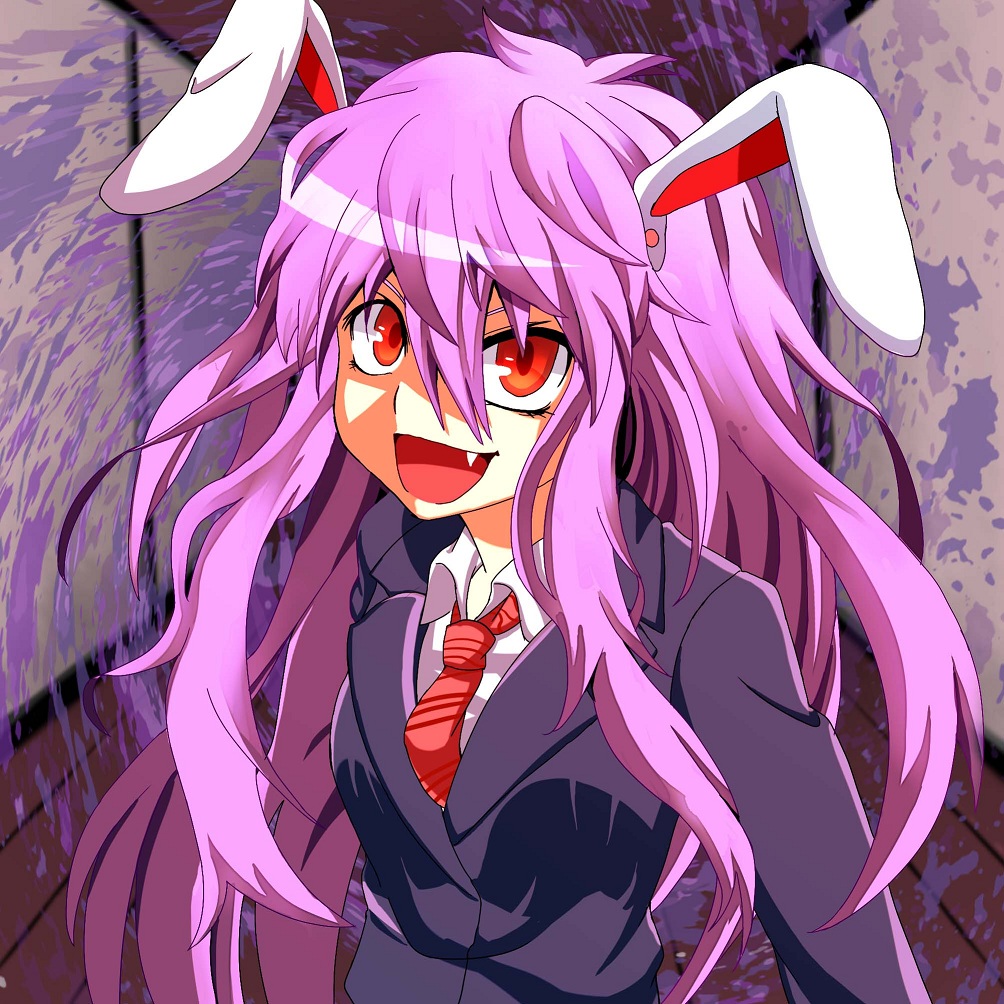 animal_ears bunny_ears e.o. fang long_hair long_sleeves messy_hair necktie open_mouth pink_hair red_eyes red_neckwear reisen_udongein_inaba solo touhou