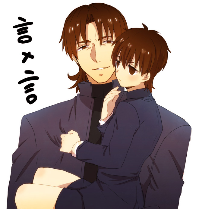 afjc bad_id bad_pixiv_id brown_eyes brown_hair child dual_persona fate/stay_night fate/zero fate_(series) kotomine_kirei male_focus multiple_boys older time_paradox younger