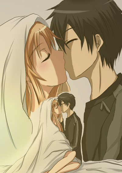 1girl asuna_(sao) bad_id bad_pixiv_id black_hair blanket brown_hair closed_eyes couple hetero kirito kiss long_hair shinonome_jun sword_art_online