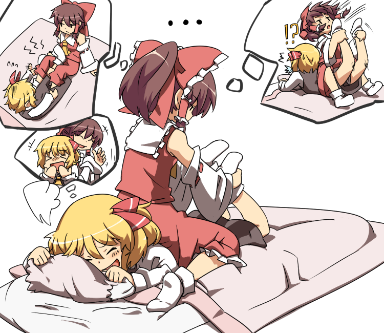 &gt;_&lt; ... 2girls :d blonde_hair blush brown_eyes brown_hair closed_eyes failure figure_four_leglock futon hair_ribbon hakurei_reimu hihachi imagining laughing multiple_girls open_mouth pillow ponytail ribbon rumia short_hair simple_background smile socks thought_bubble tickling touhou white_background white_legwear wrestling xd