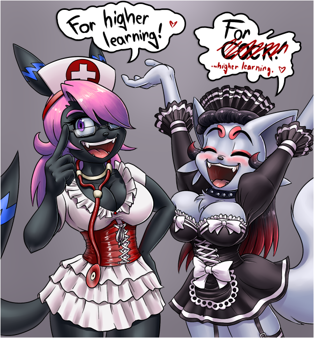 big_breasts bow breasts canine cleavage clothed clothing dog eeveelution eyes_closed fangs female fox hair horny maid maid_uniform mammal nintendo nurse open_mouth pink_hair plain_background pok&#233;mon pok&#233;morph pok&eacute;mon pok&eacute;morph purple_eyes shiny_pok&#233;mon stethoscope teckworks tongue umbreon video_games zoroark zorua