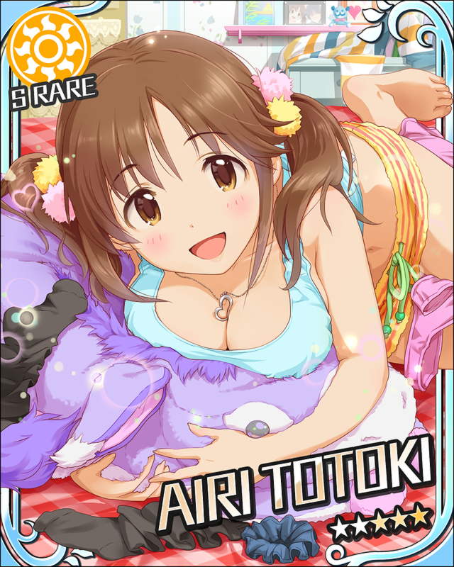 :d barefoot bed bed_sheet bedroom breast_rest breasts brown_eyes brown_hair card_(medium) character_name cleavage hair_ornament idolmaster idolmaster_cinderella_girls indoors jewelry large_breasts looking_at_viewer lying midriff official_art on_bed open_mouth pendant room shorts sleeveless smile socks socks_removed solo stuffed_animal stuffed_donkey stuffed_toy sun_(symbol) tank_top totoki_airi twintails