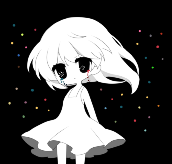 arms_behind_back black_background black_eyes dress haru_(kyou) long_hair looking_at_viewer monochrome original simple_background sleeveless solo spot_color sundress tears white_dress