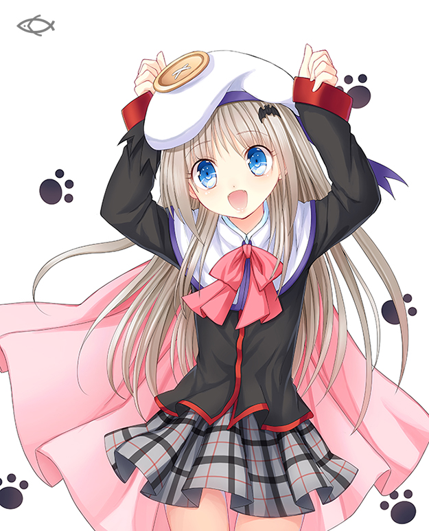 bad_id bad_pixiv_id blonde_hair blue_eyes bow cape hat little_busters! long_hair noumi_kudryavka open_mouth philomelalilium pink_bow school_uniform solo