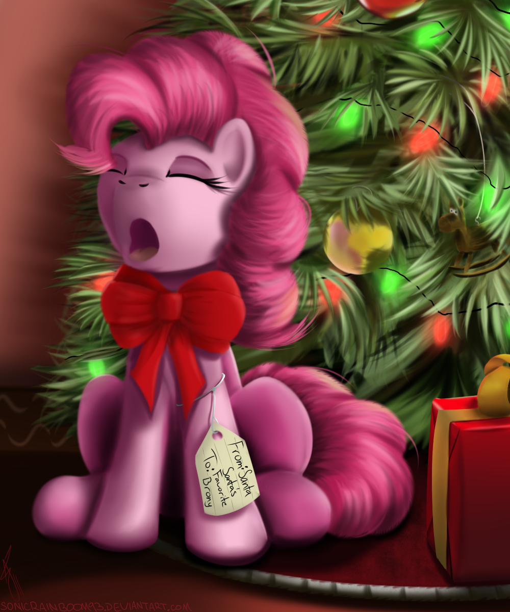 christmas christmas_tree english_text equine eyes_closed female feral friendship_is_magic fur gift hair holidays horse mammal my_little_pony open_mouth paper pink_fur pink_hair pinkie_pie_(mlp) pony ribbons solo sonicrainboom93 text tree tyruas xmas yawn yawning