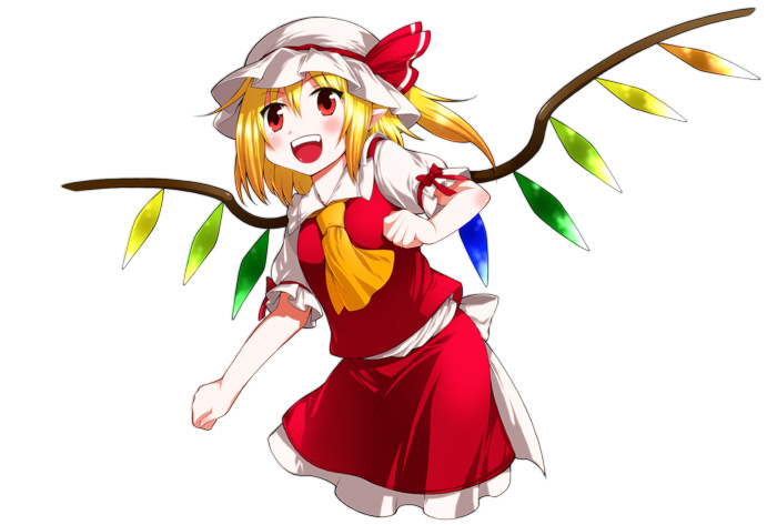 :d ascot blonde_hair blush crystal eichi_yuu flandre_scarlet hat hat_ribbon no_legs open_mouth puffy_sleeves red_eyes ribbon short_hair short_sleeves side_ponytail simple_background smile solo touhou white_background wings