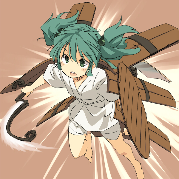 armor barefoot blush brown_background bucket energy_sword flying full_body green_eyes green_hair gundam hair_bobbles hair_ornament jetpack kisume mecha no_nose open_mouth parody shield short_hair simple_background sketch solo sword touhou weapon yudepii