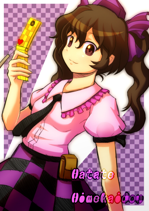 brown_eyes cellphone character_name hat himekaidou_hatate long_hair necktie phone pointy_ears pouch puffy_sleeves qontamblue short_sleeves smile solo tokin_hat touhou twintails