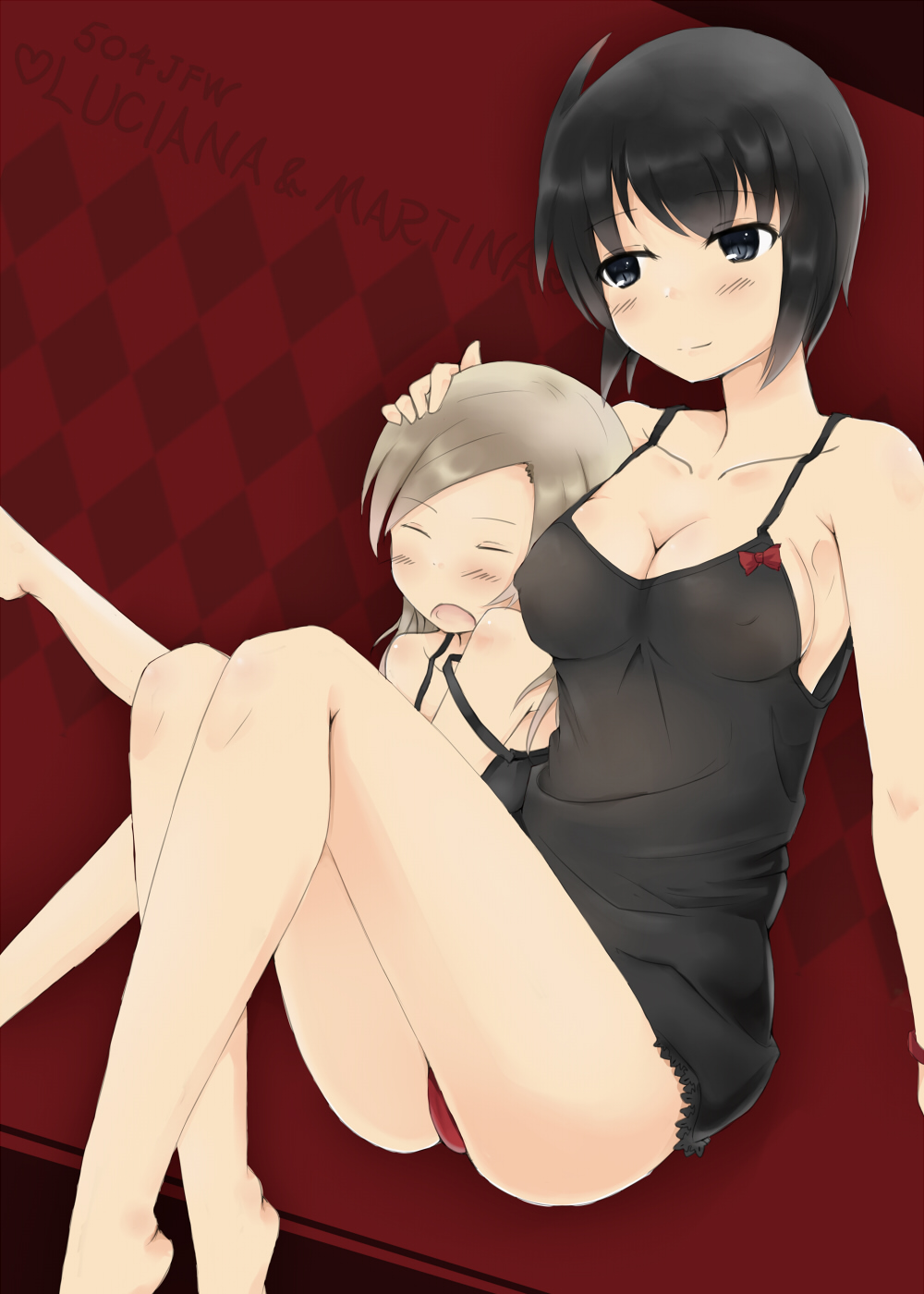 amai_nekuta black_eyes black_hair blush bow breasts brown_hair character_name chemise cleavage closed_eyes covered_nipples highres luciana_mazzei martina_crespi medium_breasts multiple_girls panties short_hair smile strap_slip strike_witches underwear world_witches_series