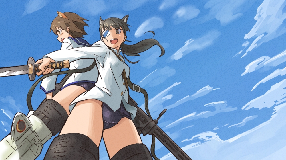 animal_ears black_hair breasts brown_eyes brown_hair cloud day drum_magazine eyepatch gun medium_breasts military military_uniform miyafuji_yoshika multiple_girls ponytail sakamoto_mio school_swimsuit school_uniform shibasaki_shouji short_hair sky strike_witches striker_unit swimsuit swimsuit_under_clothes uniform weapon world_witches_series yellow_eyes