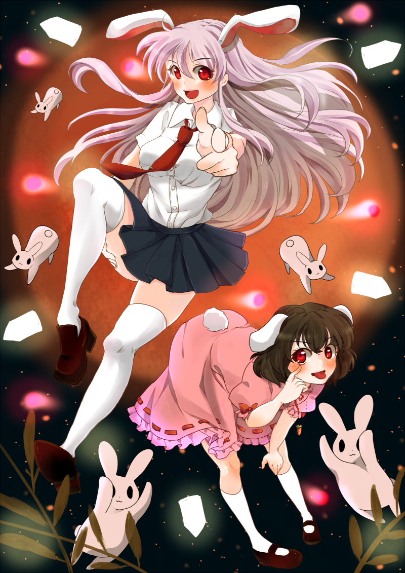 :3 :p akanbe animal_ears blouse blush breasts brown_hair bunny bunny_ears bunny_tail extra_ears inaba_tewi jewelry lavender_hair loafers long_hair looking_at_viewer mary_janes medium_breasts moon multiple_girls necklace necktie open_mouth pointing red_eyes reisen_udongein_inaba shoes short_hair short_sleeves skirt tail thighhighs tongue tongue_out too_many too_many_bunnies touhou v-shaped_eyebrows very_long_hair white_legwear yrzirst