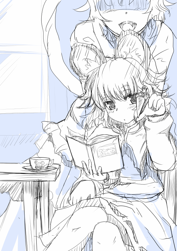 animal_ears blush book capelet crystal imminent_bite ishikkoro monochrome mouse_ears mouse_tail multiple_girls nazrin open_mouth sitting sketch smile studying tail toramaru_shou touhou