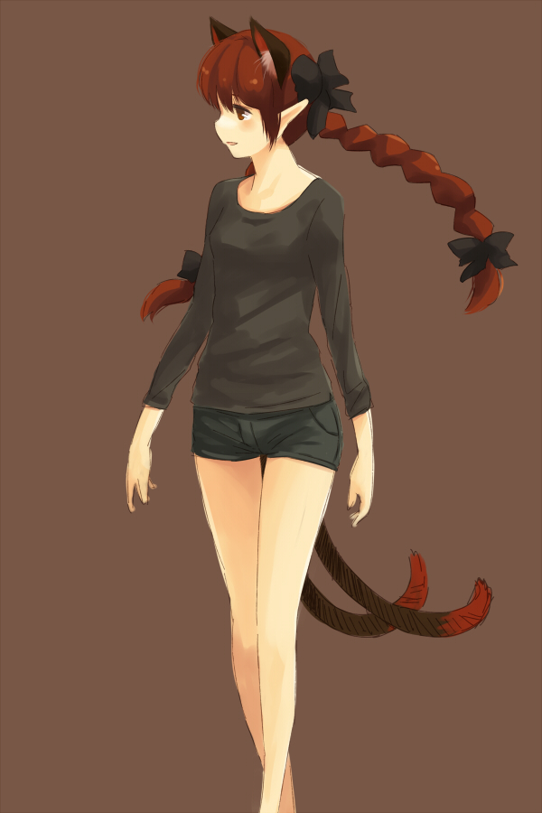 alternate_costume animal_ears bare_legs blush bow braid brown_background casual cat_ears cat_tail contemporary extra_ears hair_bow kaenbyou_rin long_hair looking_away multiple_tails nekomata open_mouth pointy_ears red_eyes red_hair shorts simple_background smile solo tail touhou twin_braids walking yudepii