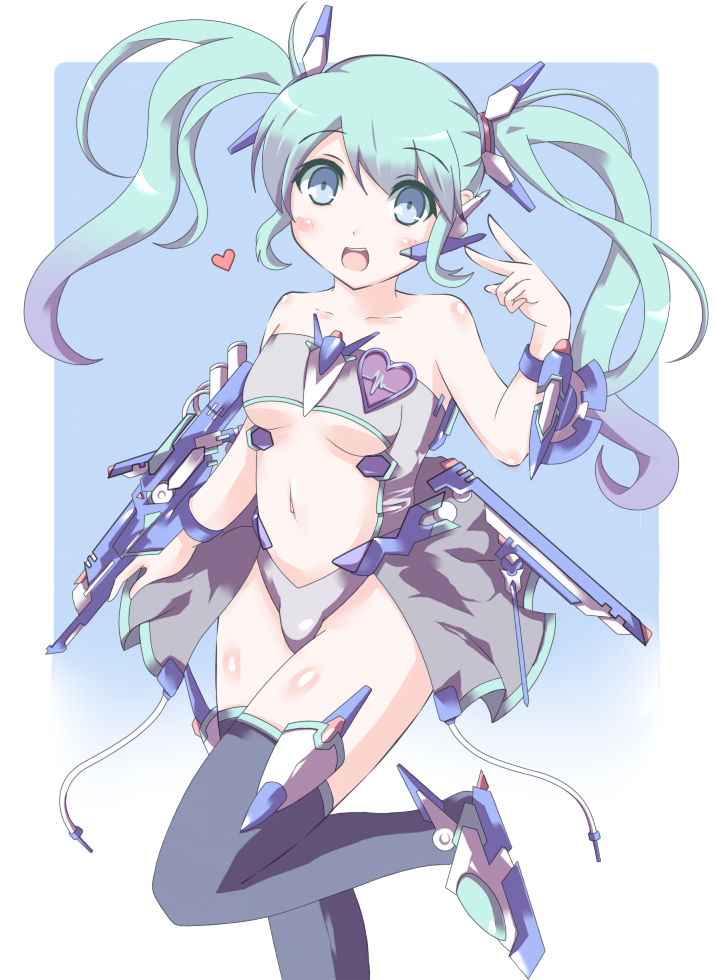 aqua_eyes aqua_hair guunome hatsune_miku long_hair looking_at_viewer navel open_mouth solo thighhighs twintails v vocaloid