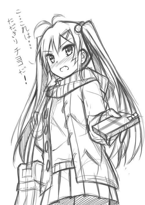 bad_id bad_pixiv_id bag blush coat fang gift greyscale long_hair looking_at_viewer monochrome original peach_(momozen) scarf sketch solo translation_request twintails winter_clothes