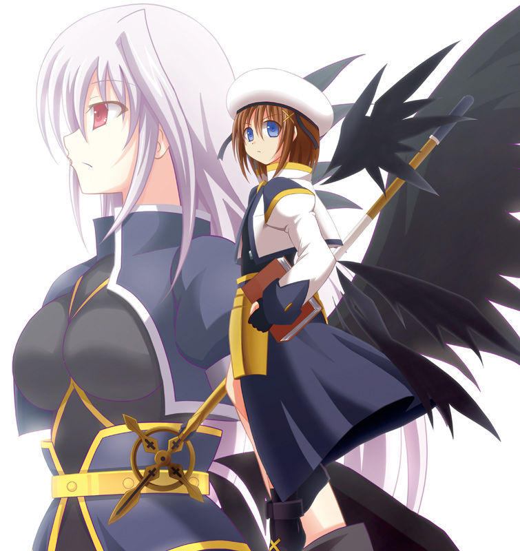 azumaya_hironaru black_wings blue_eyes book boots breasts brown_hair faulds fingerless_gloves gloves hair_ornament long_hair lyrical_nanoha magical_girl mahou_shoujo_lyrical_nanoha mahou_shoujo_lyrical_nanoha_a's mahou_shoujo_lyrical_nanoha_the_movie_2nd_a's medium_breasts multiple_girls projected_inset red_eyes reinforce schwertkreuz short_hair silver_hair single_hair_intake staff tome_of_the_night_sky wings yagami_hayate