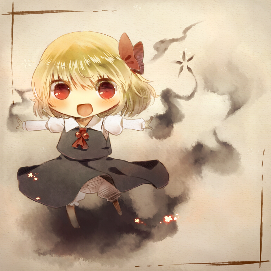 bad_id bad_pixiv_id blonde_hair blush hair_ribbon long_sleeves open_mouth outstretched_arms red_eyes ribbon rumia short_hair solo tepes touhou