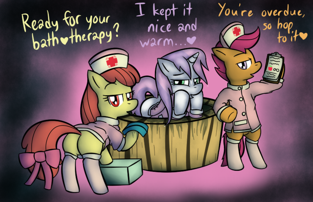 apple_bloom_(mlp) bathtub clipboard clothing cub cutie_mark_crusaders_(mlp) dialog dialogue english_text equine female feral friendship_is_magic hat horn horse krystil lamiaaaa looking_at_viewer mammal my_little_pony nurse nurse_hat pegasus pony presenting scootaloo_(mlp) sweetie_belle_(mlp) text tub unicorn wet wings young