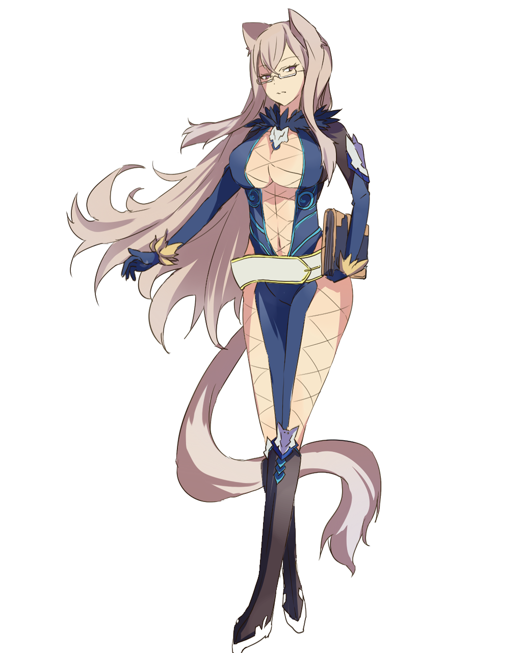 1girl animal_ears belt bodysuit book boots breasts brown_hair cat_ears cat_tail cleavage elbow_gloves fur glasses gloves highres long_hair presa_(tales) preza purple_eyes tail tales_of_(series) tales_of_xillia