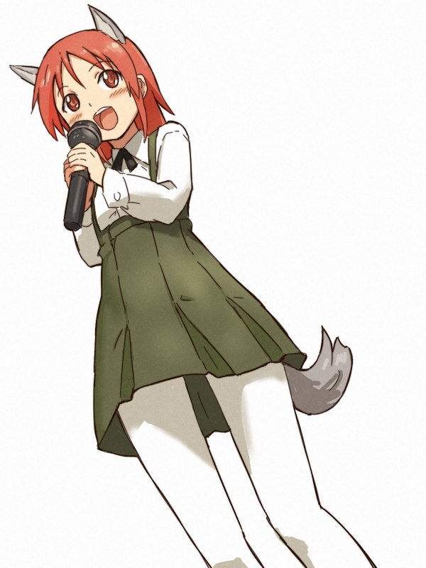 :d animal_ears blush dress long_sleeves microphone minna-dietlinde_wilcke music open_mouth pantyhose red_eyes red_hair shibasaki_shouji singing smile solo strike_witches tail world_witches_series younger