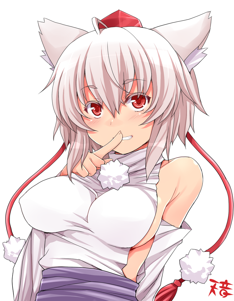 animal_ears bare_shoulders blush breasts colored_eyelashes detached_sleeves finger_to_mouth grin hasu_(hk_works) hat impossible_clothes impossible_shirt inubashiri_momiji medium_breasts red_eyes shirt short_hair sideboob smile solo tokin_hat touhou white_hair wolf_ears