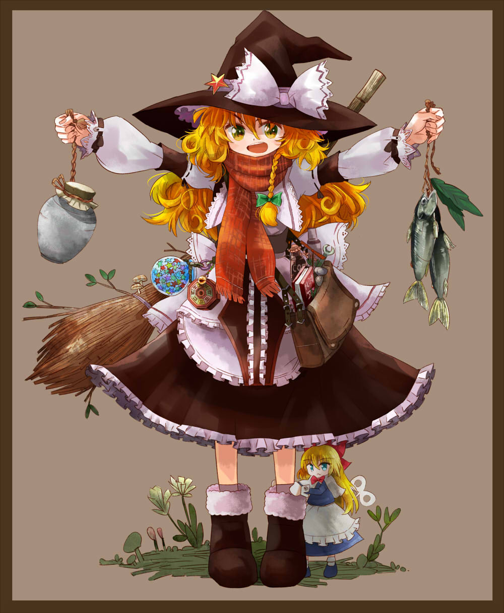 :&lt; :d apron aqua_eyes bag ball bamboo_broom bell blonde_hair book boots bottle bow braid broom capelet curly_hair doll fish flower frills gradient_eyes green_eyes hair_between_eyes hair_bow handbag hat hat_bow highres holding kirisame_marisa lace leaf long_hair long_sleeves mini-hakkero multicolored multicolored_eyes mushroom open_mouth outstretched_arms plant pot puffy_sleeves rock scarf sepia_background shanghai_doll side_braid simple_background single_braid smile soda standing star telescope touhou uma_(ninjin_misaki) v-shaped_eyebrows white_bow winding_key windowboxed witch_hat wrench yellow_eyes
