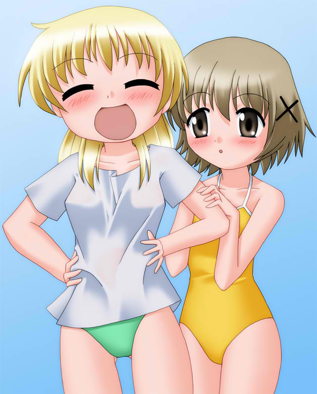 2girls bathing_suits blonde_hair brown_hair hidamari_sketch kannazuki_okuto miyako multiple_girls swimsuit yuno