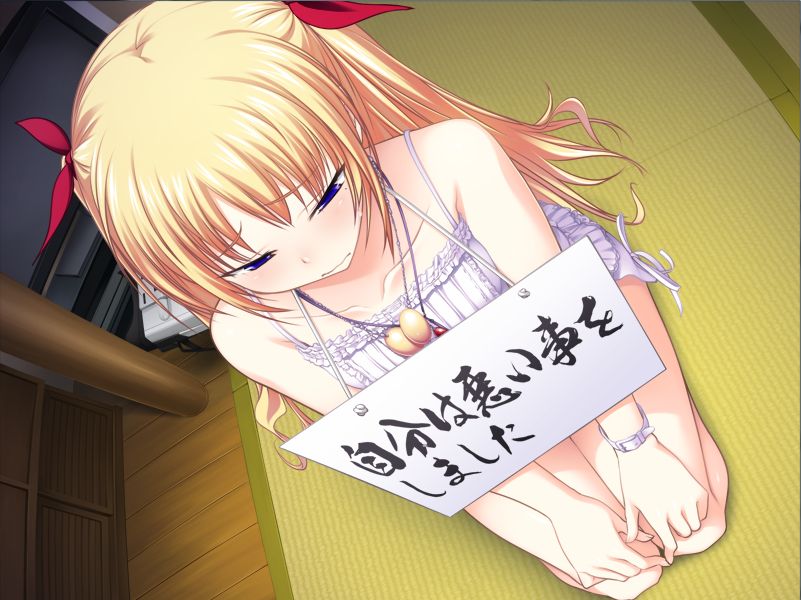 bare_shoulders blonde_hair blue_eyes blush christiane_friedrich hair_ribbon hair_ribbons humiliation interior jewelry kawagishi_keitarou kneeling maji_de_watashi_ni_koi_shinasai! necklace punishment ribbon sad sign translated twintails watch