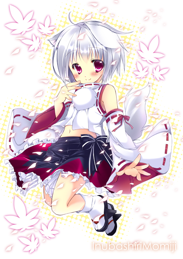 animal_ears bare_shoulders blush character_name detached_sleeves hikanyan inubashiri_momiji leaf looking_at_viewer md5_mismatch navel petals silver_hair skirt smile solo tail touhou wolf_ears wolf_tail