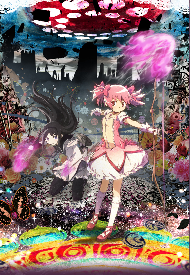 akemi_homura black_hair bow_(weapon) bubble_skirt bug butterfly destruction insect kaname_madoka long_hair magical_girl mahou_shoujo_madoka_magica mahou_shoujo_madoka_magica_movie multiple_girls official_art pantyhose pink_eyes pink_hair purple_eyes skirt weapon witch's_labyrinth