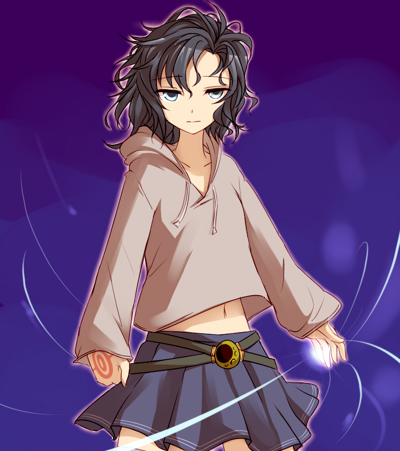 belt black_hair blue_eyes character_request copyright_request glowing glowing_hand hood hooded_jacket jacket messy_hair miyo_(ranthath) navel short_hair skirt solo