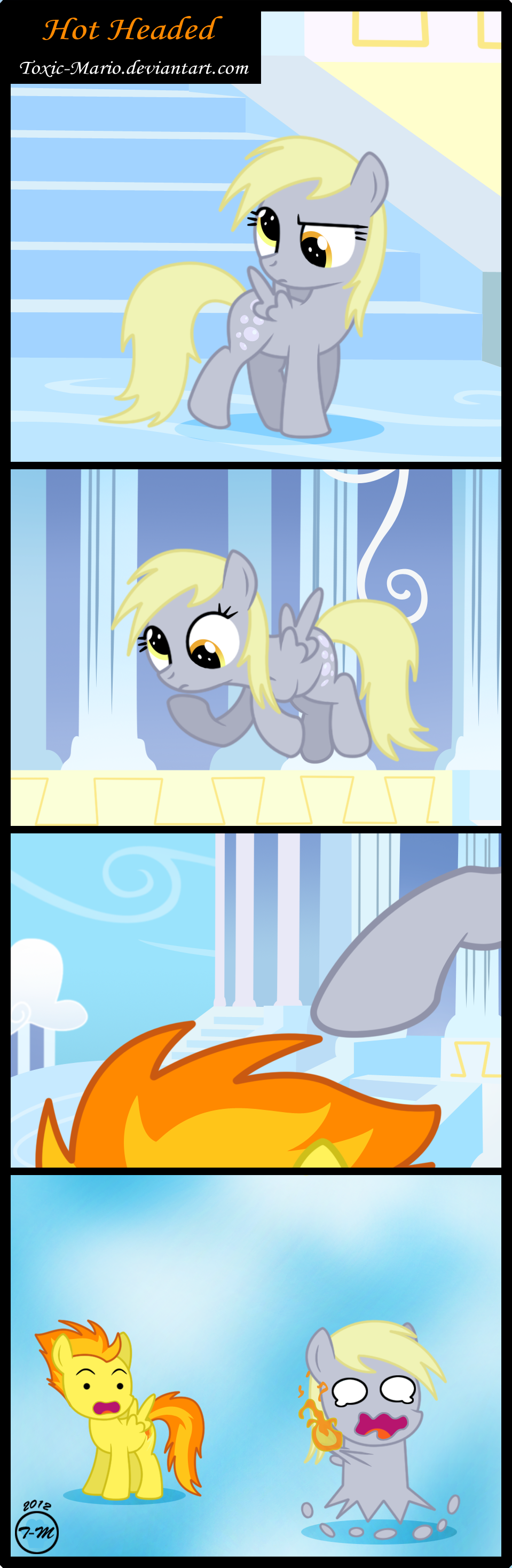 blonde_hair comic cub cutie_mark derpy_hooves_(mlp) equine female feral fire flying friendship_is_magic fur grey_fur hair horse mammal my_little_pony pegasus pony spitfire_(mlp) toxic-mario two_tone_hair wings wonderbolts_(mlp) yellow_fur young
