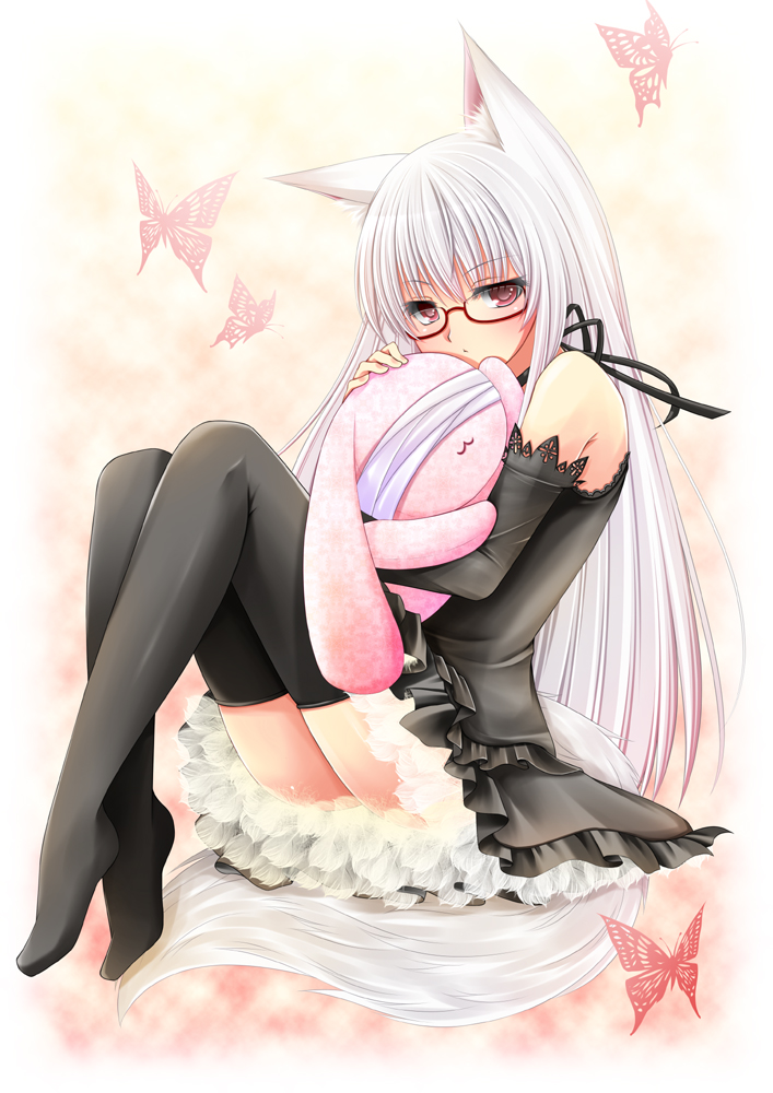 animal_ears bandages black_legwear blush bug butterfly dress fox_ears glasses hecho insect long_hair looking_at_viewer original red_eyes solo stuffed_animal stuffed_bunny stuffed_toy thighhighs white_hair