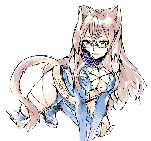 1girl belt bodysuit boots breasts brown_eyes brown_hair cat_tail cleavage fur glasses long_hair open_mouth presa_(tales) preza tail tales_of_(series) tales_of_xillia